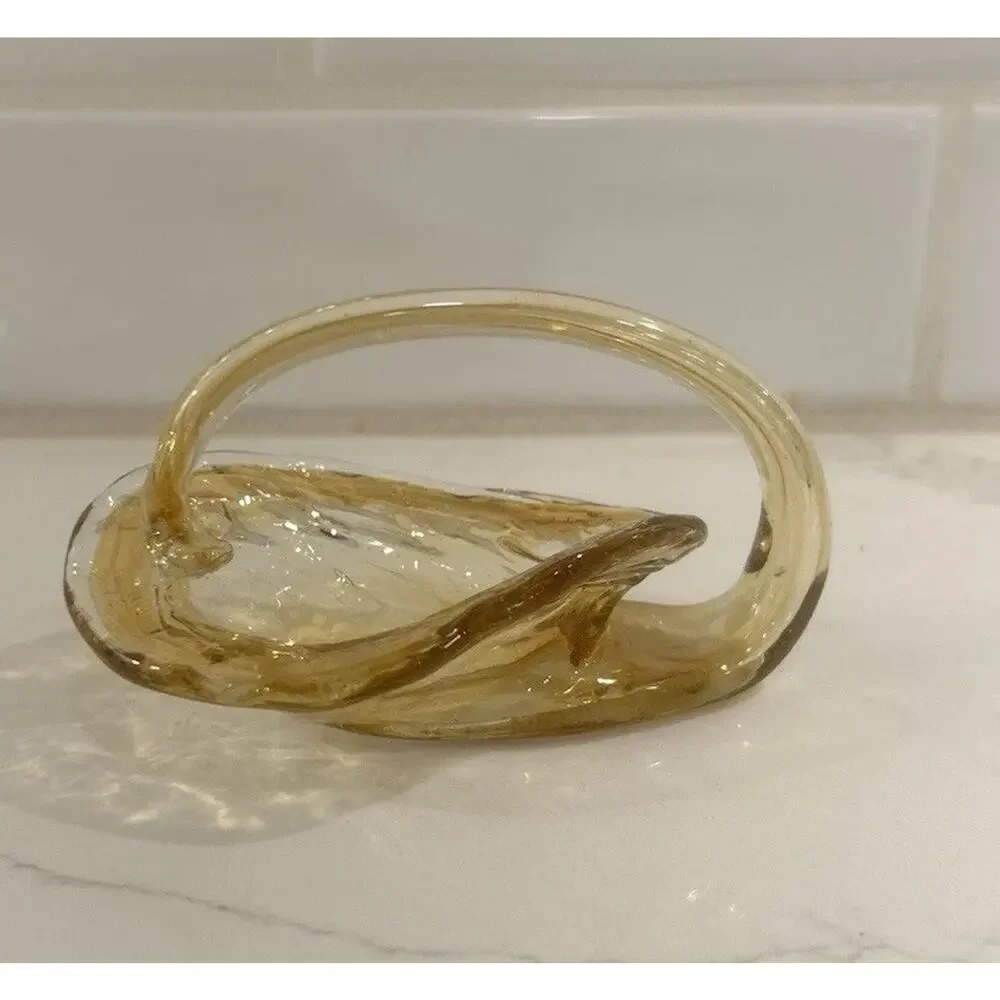 Vtg Cornucopia Hand Blown Art Glass Amber Yellow Swan‎ Shape Dish Candy Trinket
